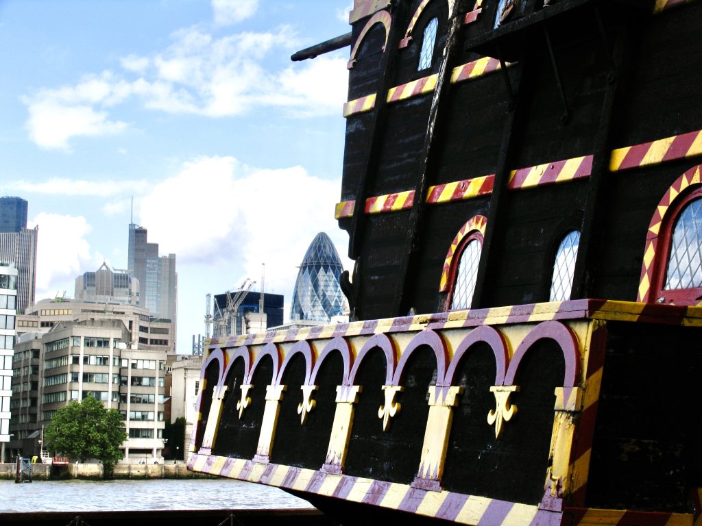 Elizabethan Age London today: replica of Golden Hind, in London
