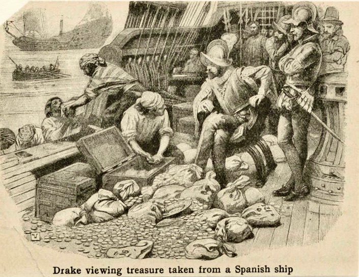 Illustration of Drake inspecting some treasure