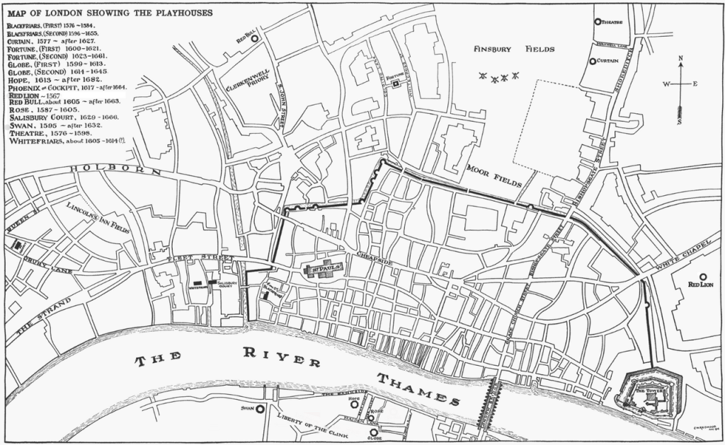 Map of London Theatres during Elizabethan Age, c1600