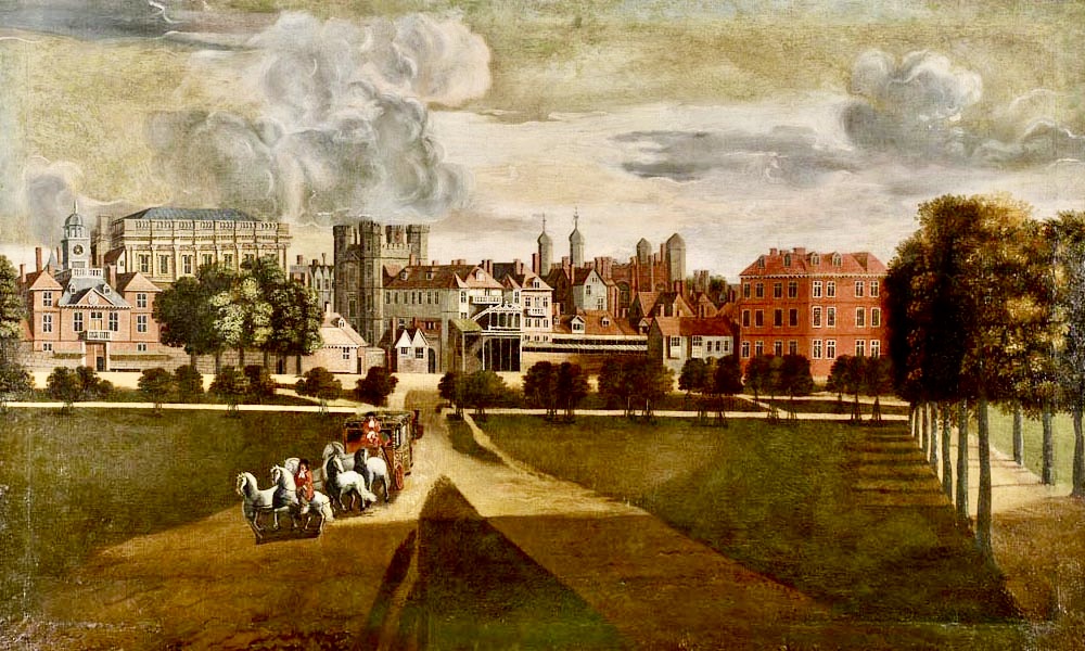 Whitehall Palace, from St James's Park, c1660