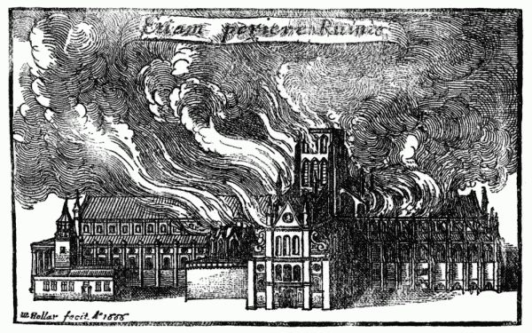 Old St Paul's Cathedral in flames