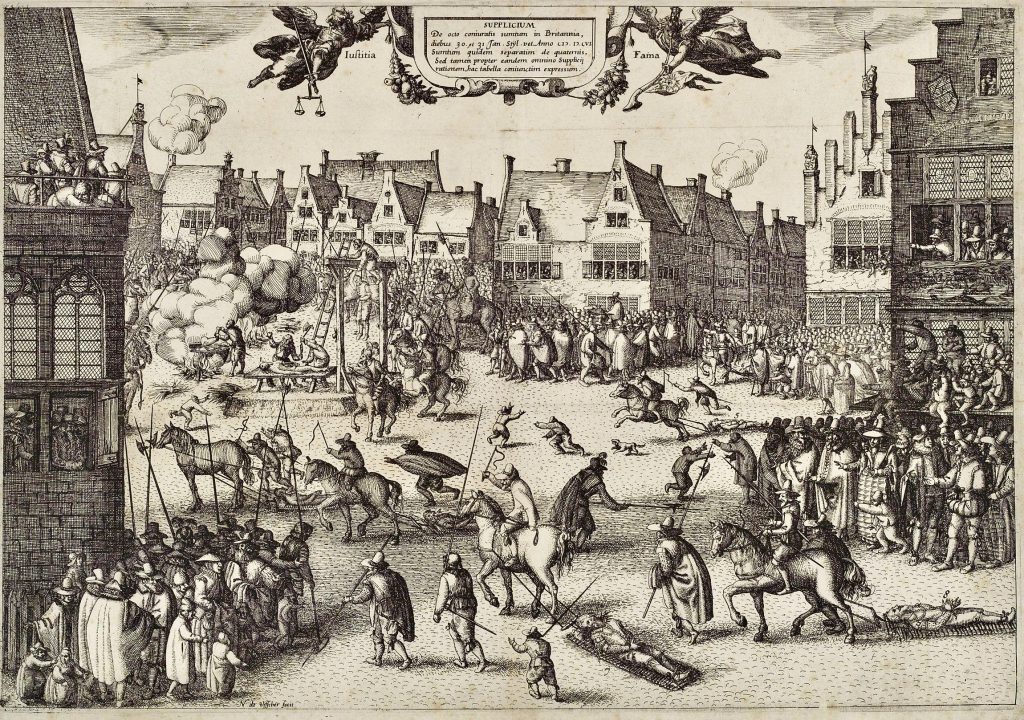 Engraving of conspirators of the Gunpowder Plot being hanged, drawn and quartered in London