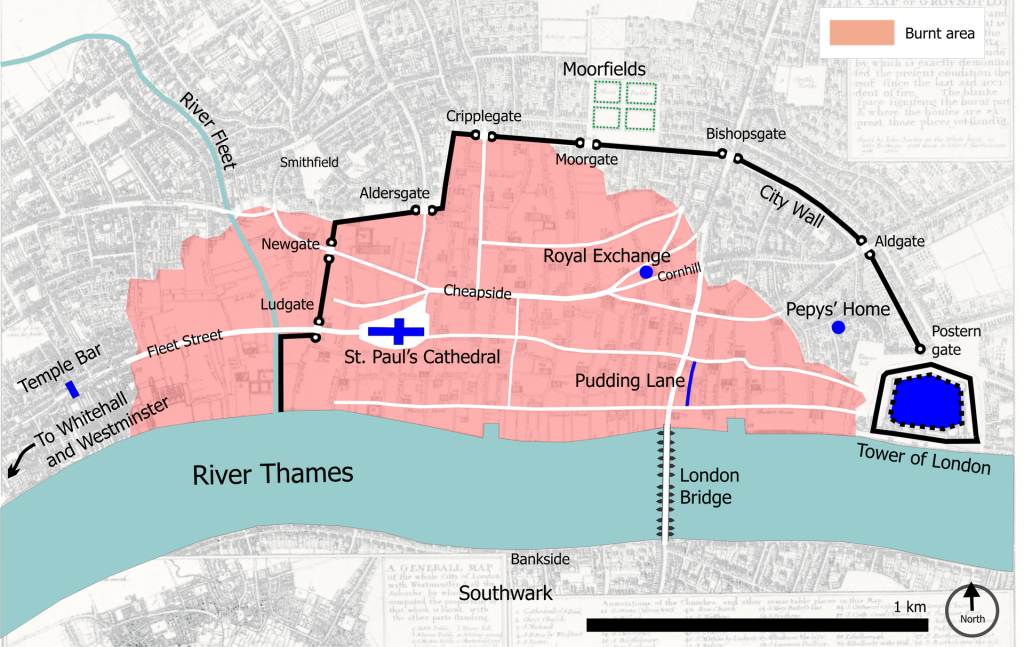 Great Fire of London, 1666, map