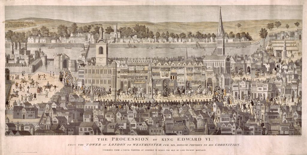 Traditional coronation procession from the Tower (at left) to Westminster for King Edward VI (1547)