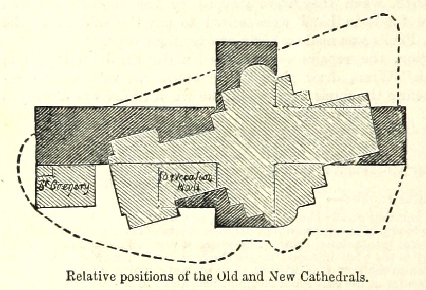An 1871 illustration showing the positions of the old and new St Paul Cathedrals