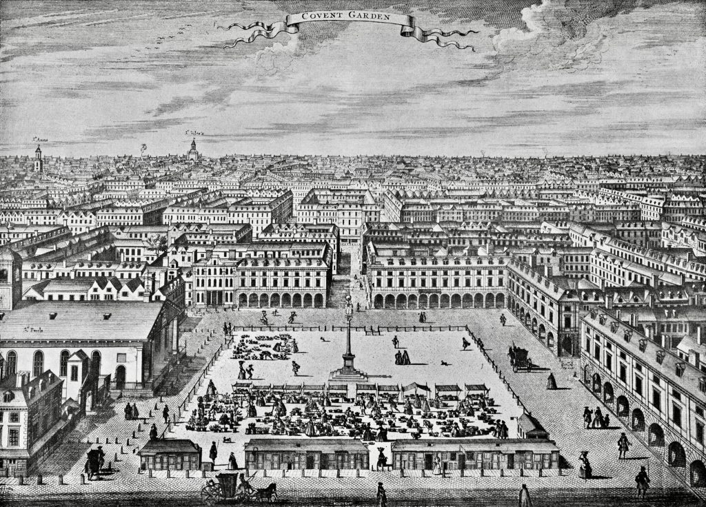 Engraving of Covent Garden by Sutton Nicholls, c. 1720