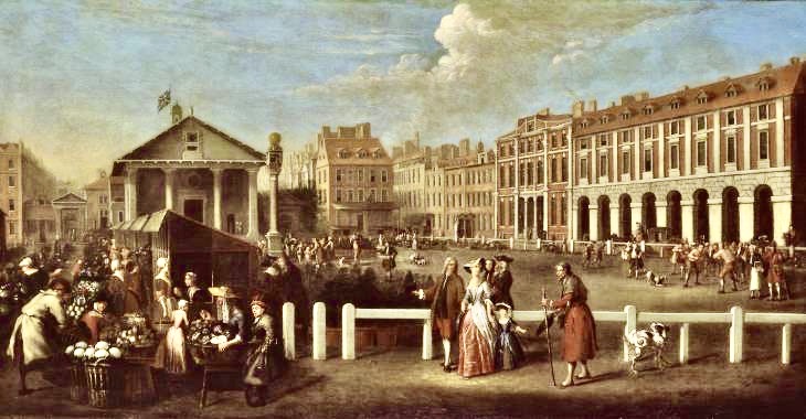 Balthazar Nebot's 1737 painting of the square before the 1830 market hall was constructed