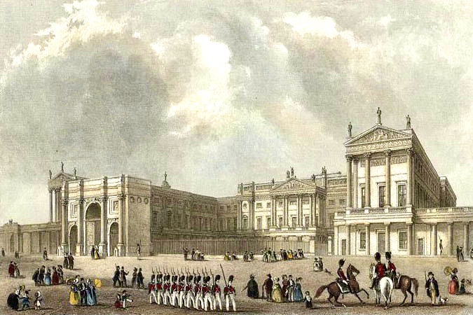Buckingham Palace c. 1837, showing Marble Arch at left