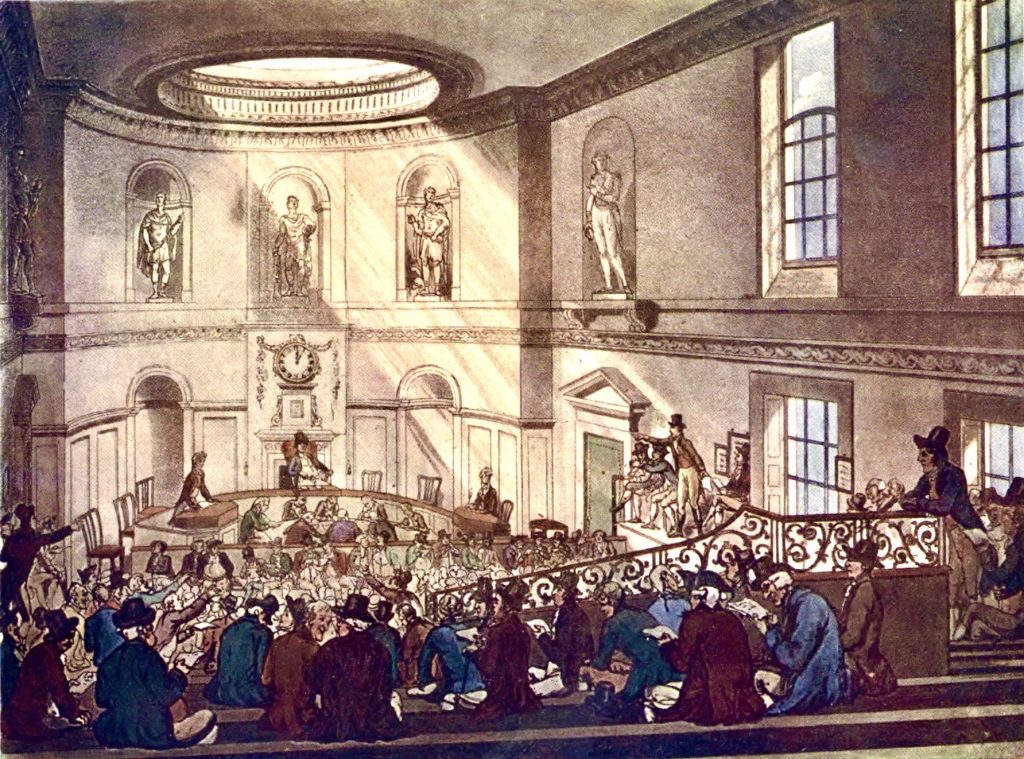 Sale Room of East India House drawn by Thomas Rowlandson & Augustus